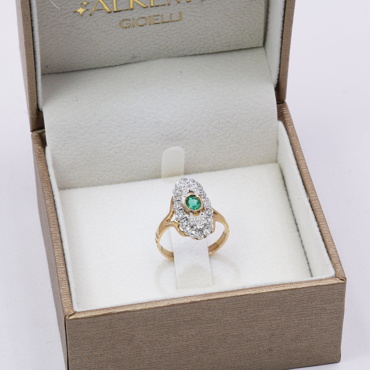 Anello artigianale in Oro 9K e Argento con Smeraldi Lab e Diamanti naturali