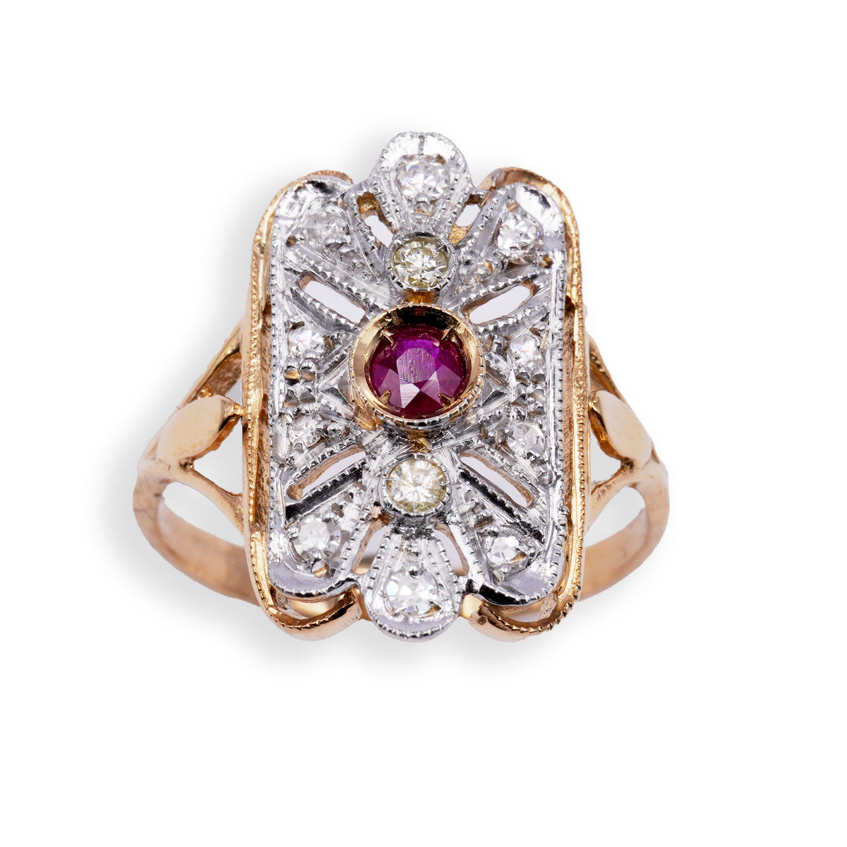 Anello Spoletta in Oro Rosa e Argento con Rubino e Diamanti