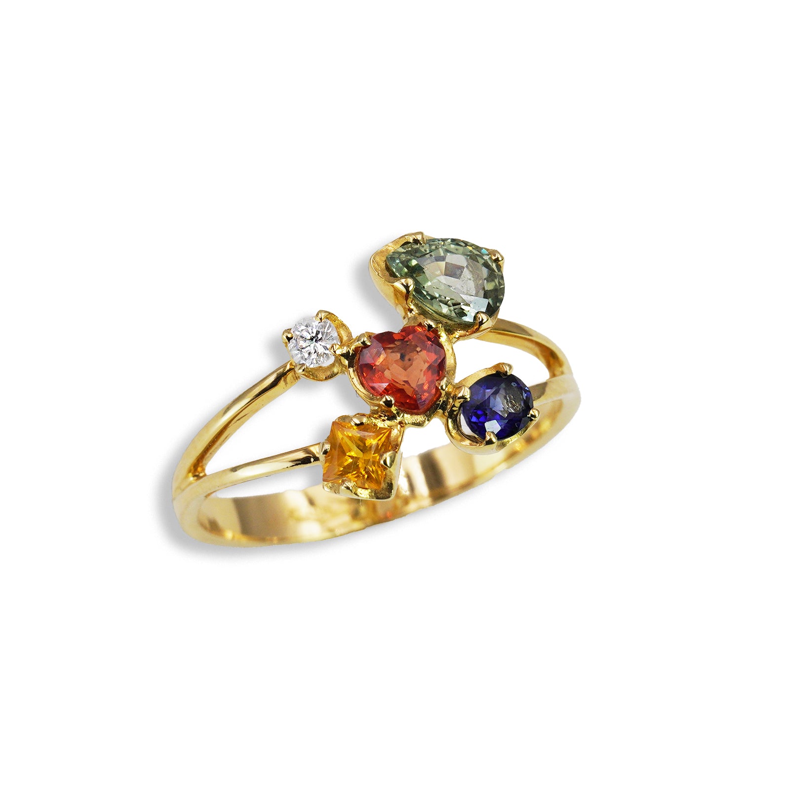 Anello “Bouquet Azalea"in Oro Giallo 18k con Zaffiri Naturali e Diamanti