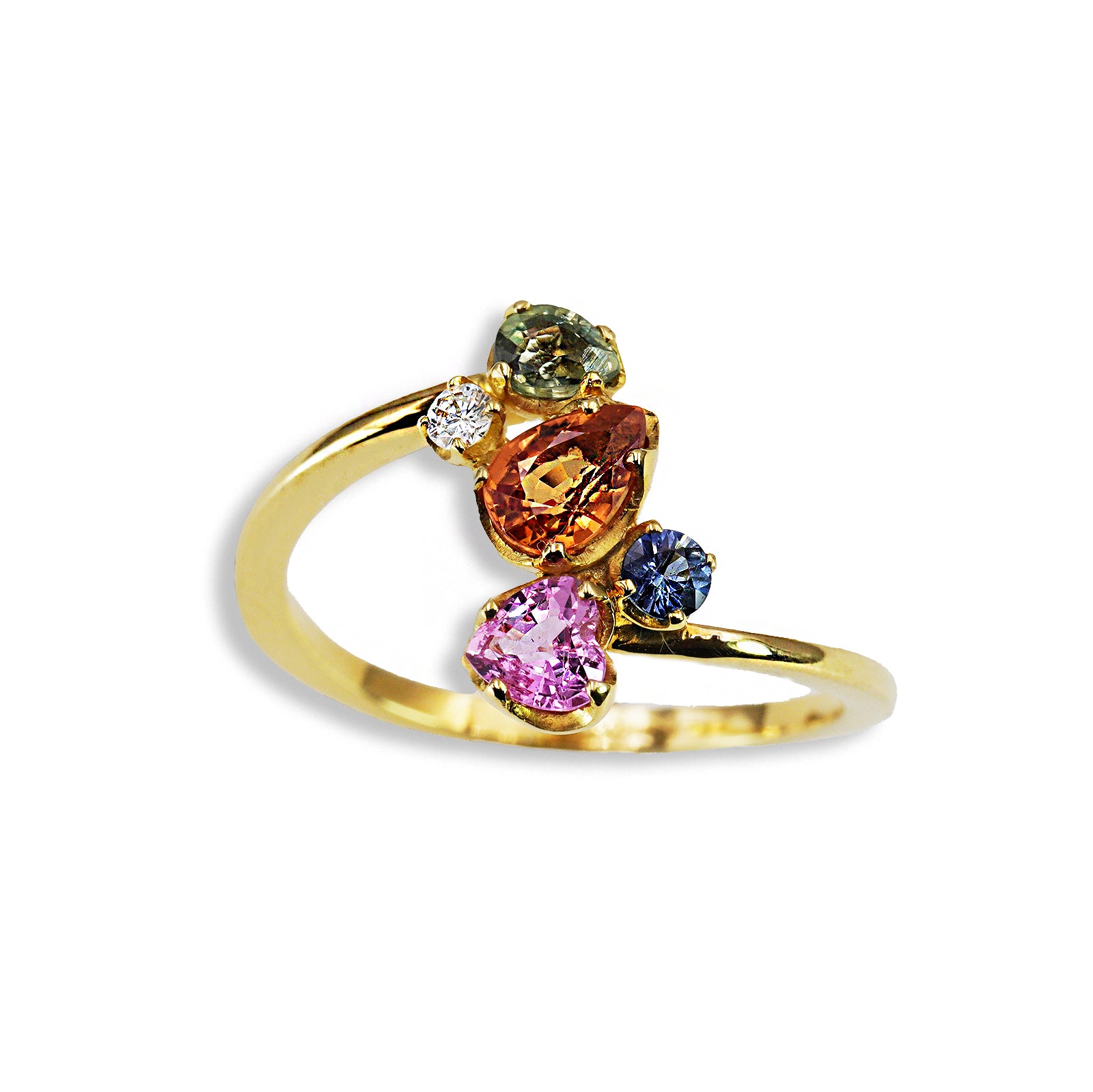 Anello “Bouquet Orchidea "in Oro Giallo 18k con Zaffiri Naturali e Diamante