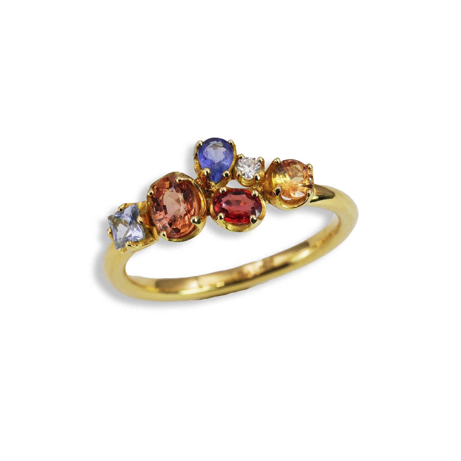 Anello “Bouquet "in Oro Giallo 18k con Zaffiri Naturali e Diamante