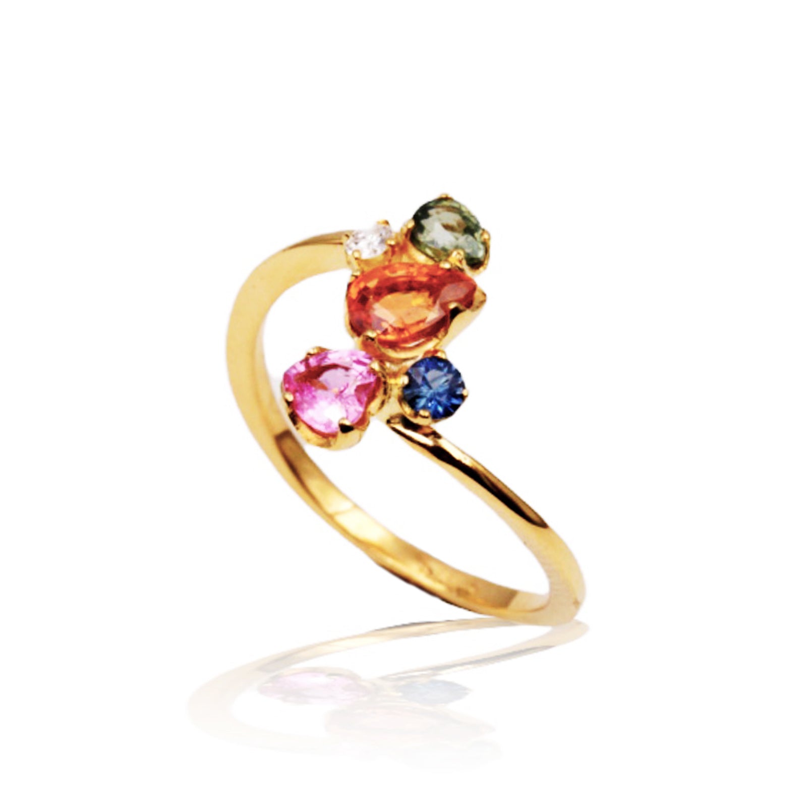 Anello “Bouquet  Orchidea "in Oro Giallo 18k con Zaffiri Naturali e Diamante
