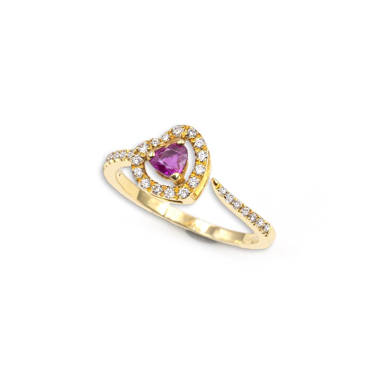Anello Oro Giallo con Rubino Cuore e Diamanti