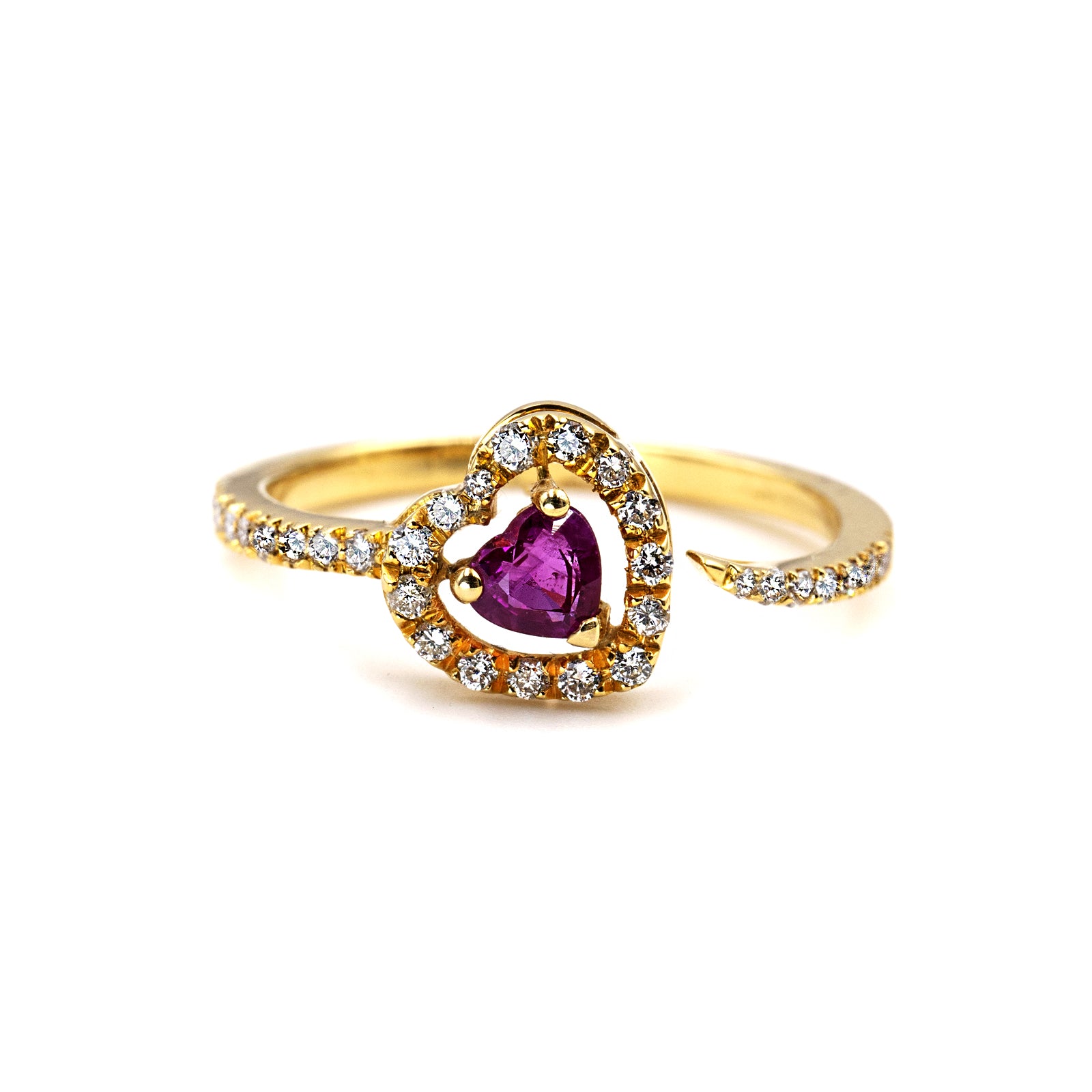 Anello Oro Giallo con Rubino Cuore e Diamanti
