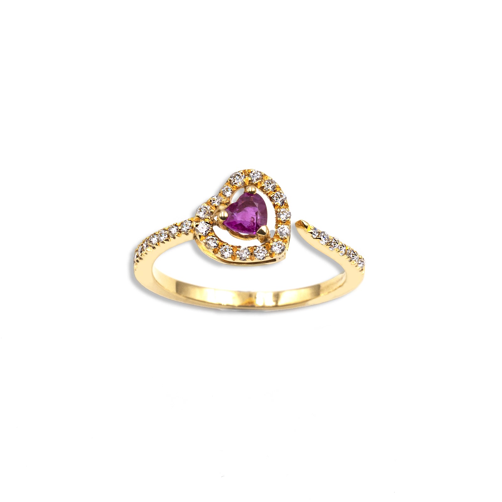Anello Oro Giallo con Rubino Cuore e Diamanti