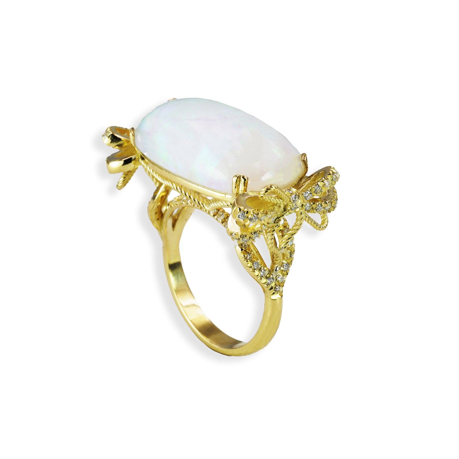 Anello in Oro Giallo 18K con OPALE Cabochon Naturale e Diamanti – Design Fiocco