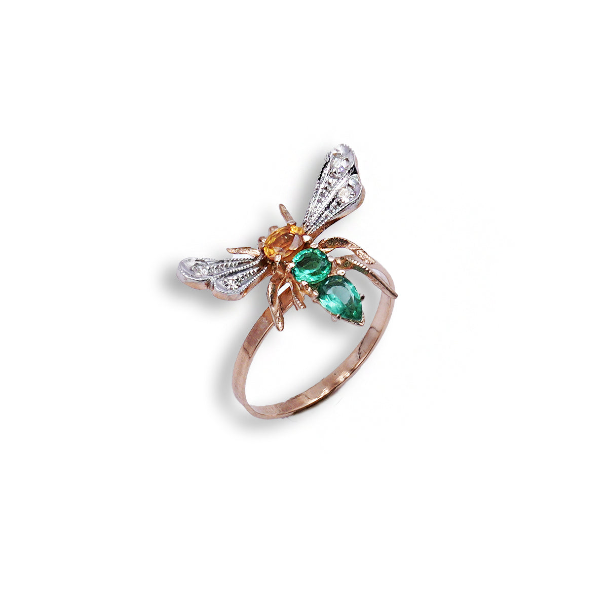 Anello Libellula in Oro Rosa 9K con Diamanti e Zaffiri Naturali e Smeraldi