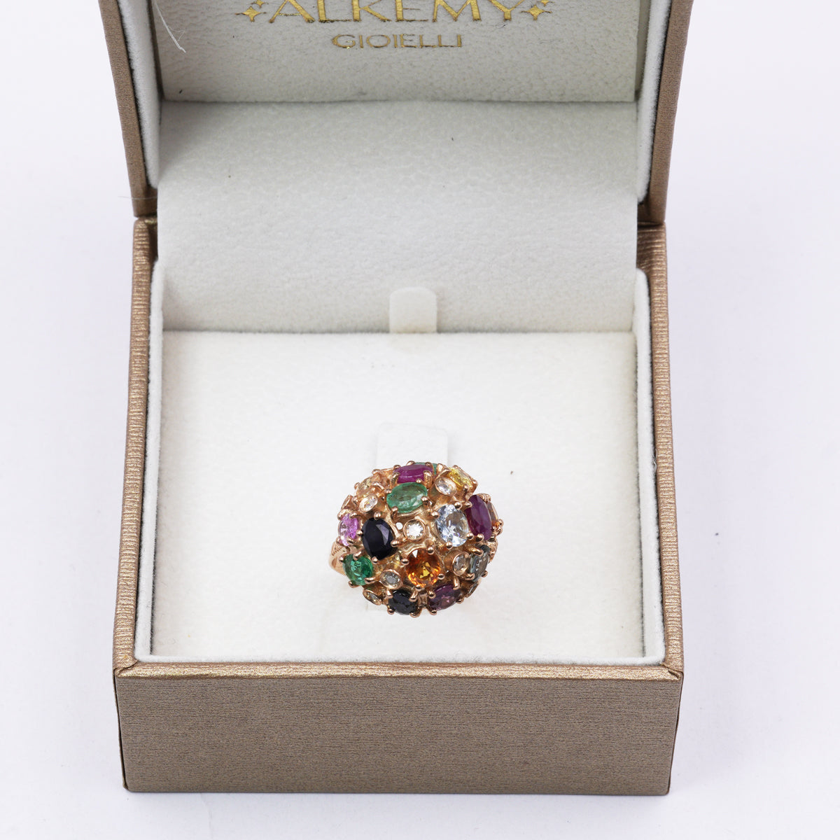 Anello Sfera in Oro Rosa e Argento con Zaffiri, Rubini, Smeraldi e Diamanti