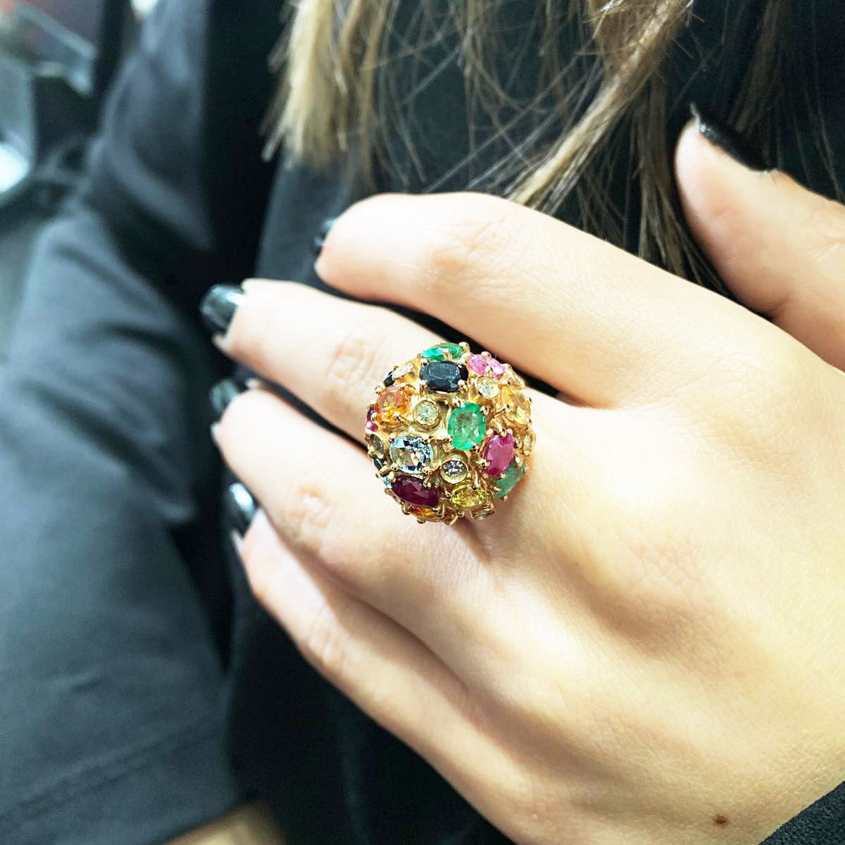 Anello Sfera in Oro Rosa e Argento con Zaffiri, Rubini, Smeraldi e Diamanti