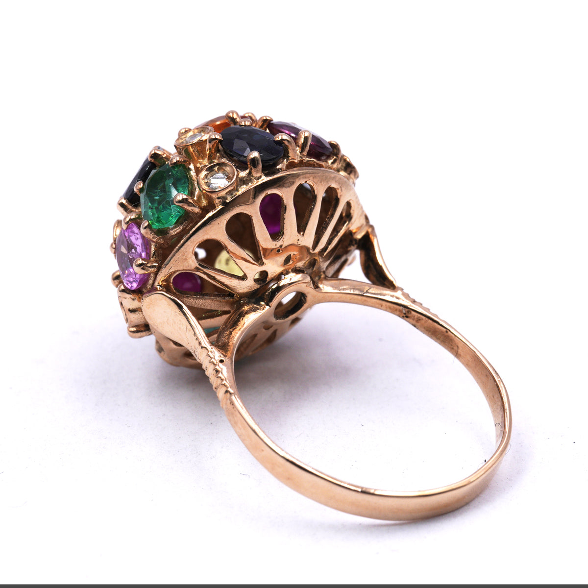 Anello Sfera in Oro Rosa e Argento con Zaffiri, Rubini, Smeraldi e Diamanti