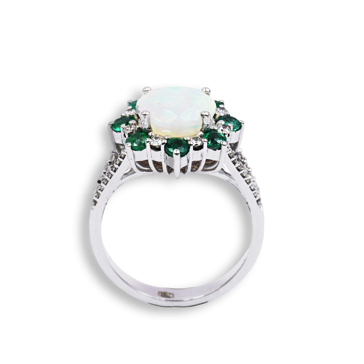 Anello in Oro Bianco 18K con Opale Naturale, Diamanti e Smeraldi