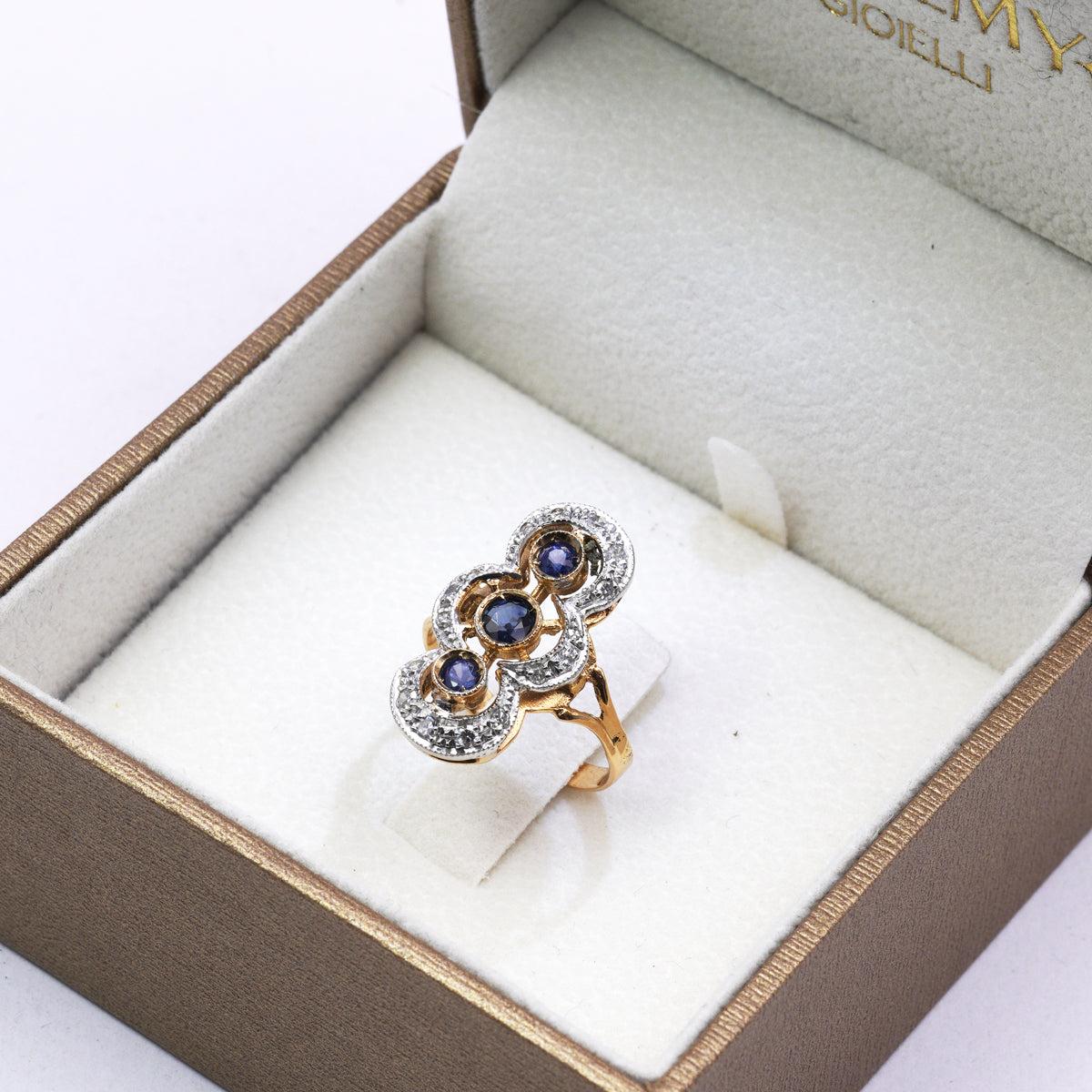 Anello Spoletta in Oro Rosa e Argento con Zaffiri Naturali e Diamanti