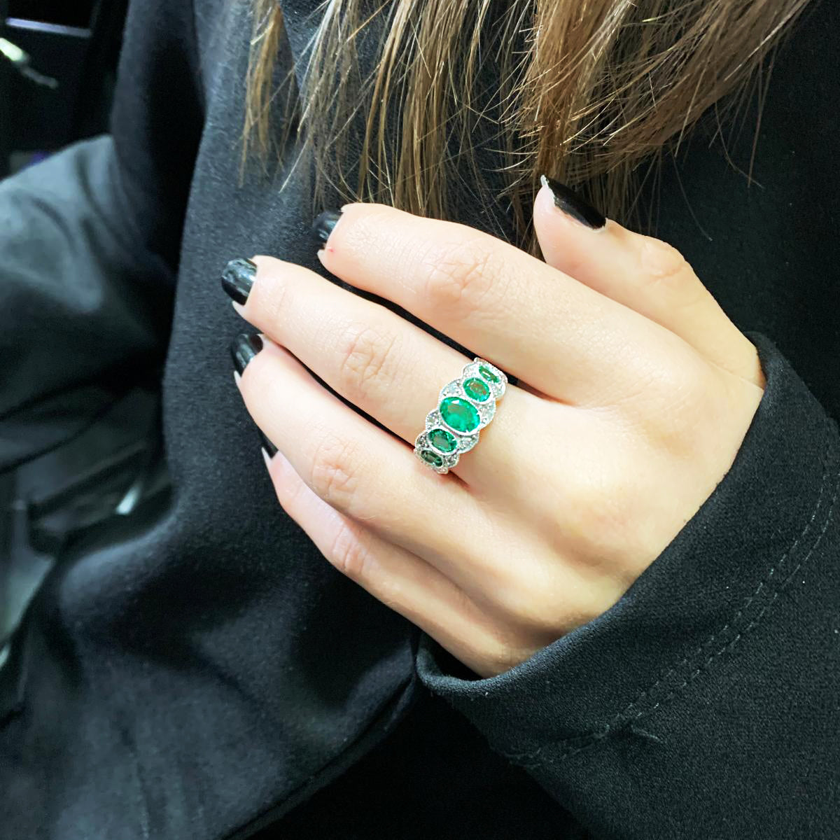 Anello Oro rosa e Argento con Smeraldi Lab e Diamanti naturali