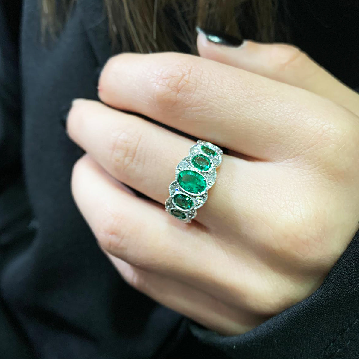 Anello Oro rosa e Argento con Smeraldi Lab e Diamanti naturali