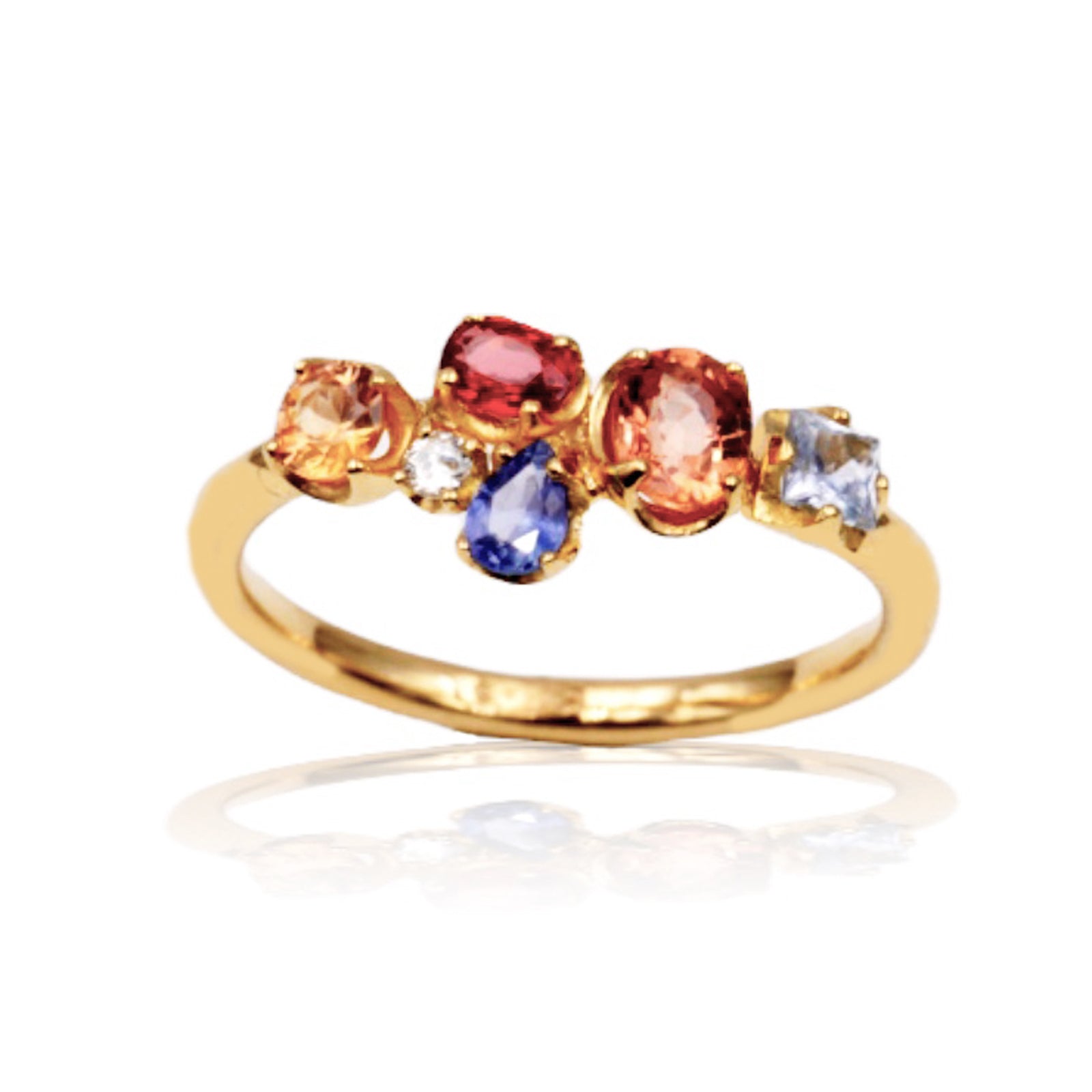 Anello “Bouquet "in Oro Giallo 18k con Zaffiri Naturali e Diamante