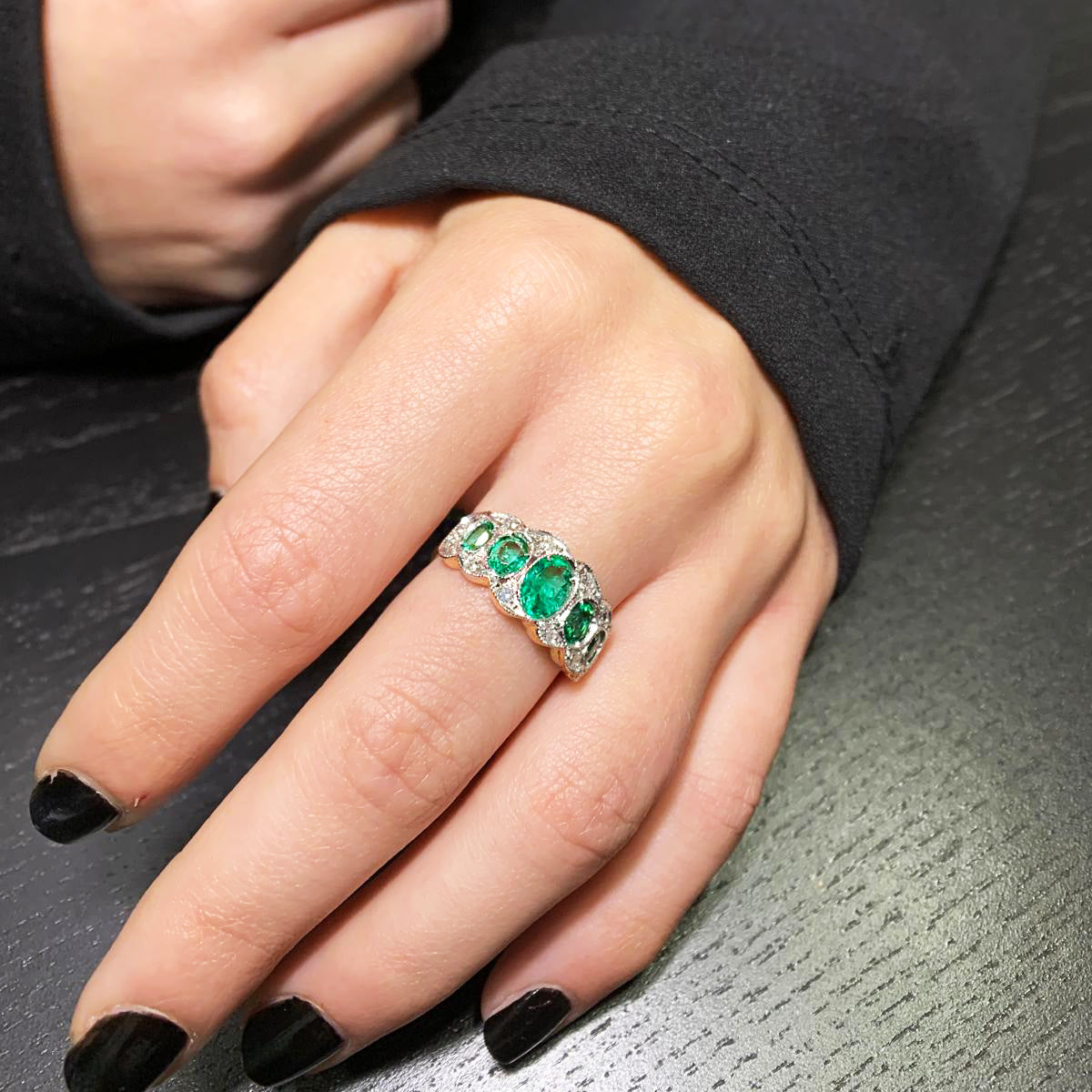 Anello Oro rosa e Argento con Smeraldi Lab e Diamanti naturali