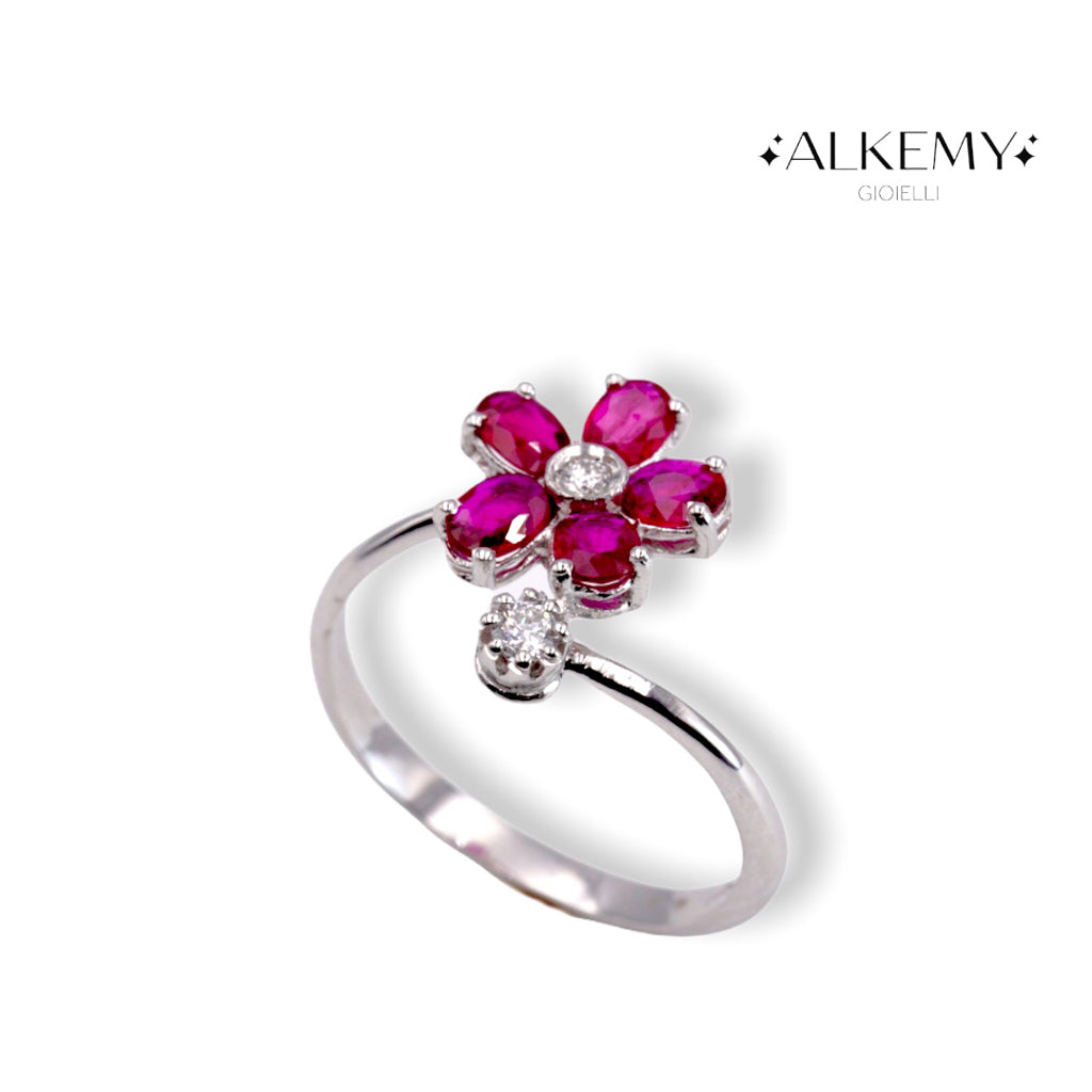 Anello Fiore in Oro Bianco 18K con Rubini e Diamanti Naturali