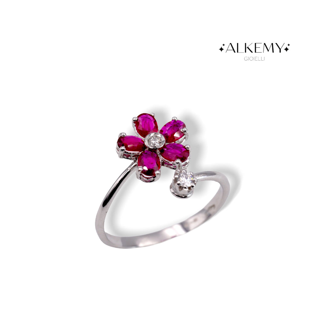 Anello Fiore in Oro Bianco 18K con Rubini e Diamanti Naturali