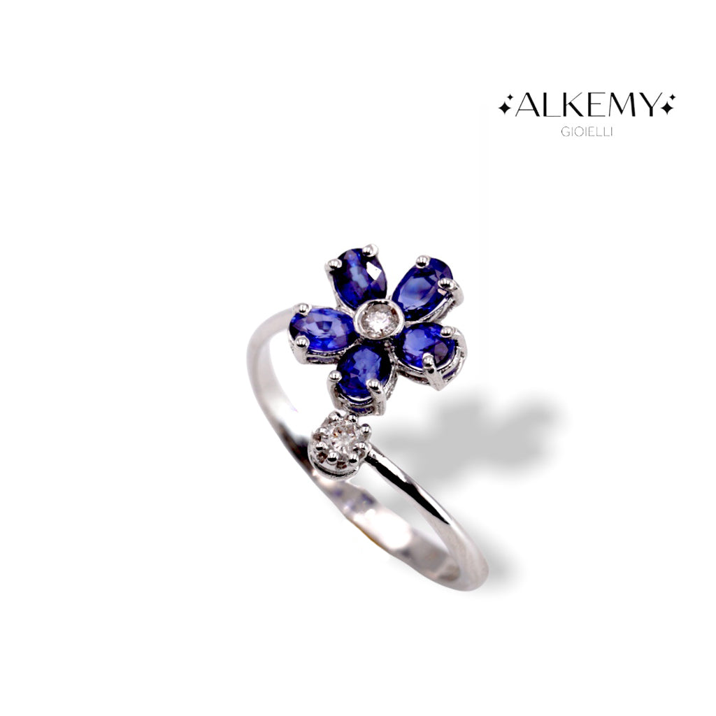 Anello Fiore in Oro Bianco 18K con Zaffiri e Diamanti Naturali