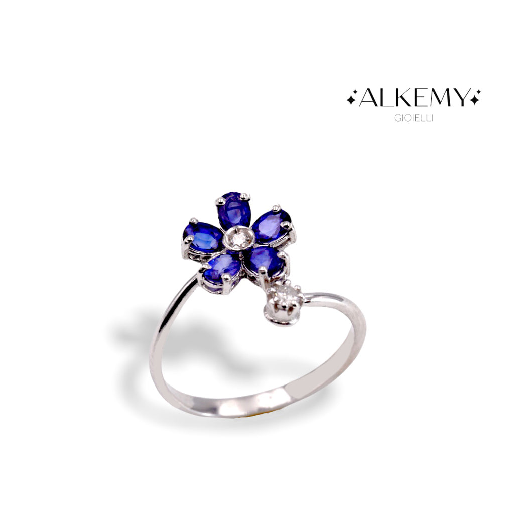 Anello Fiore in Oro Bianco 18K con Zaffiri e Diamanti Naturali