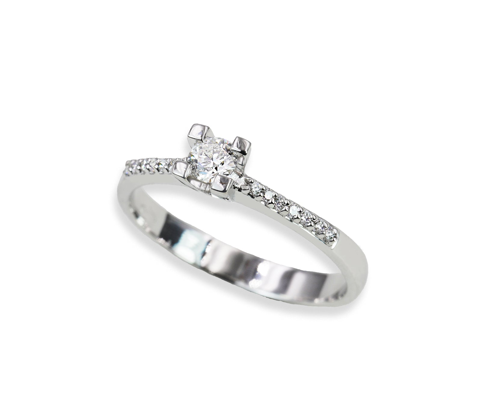 Anello Solitario Lineare in Oro Bianco 18K con Diamanti –