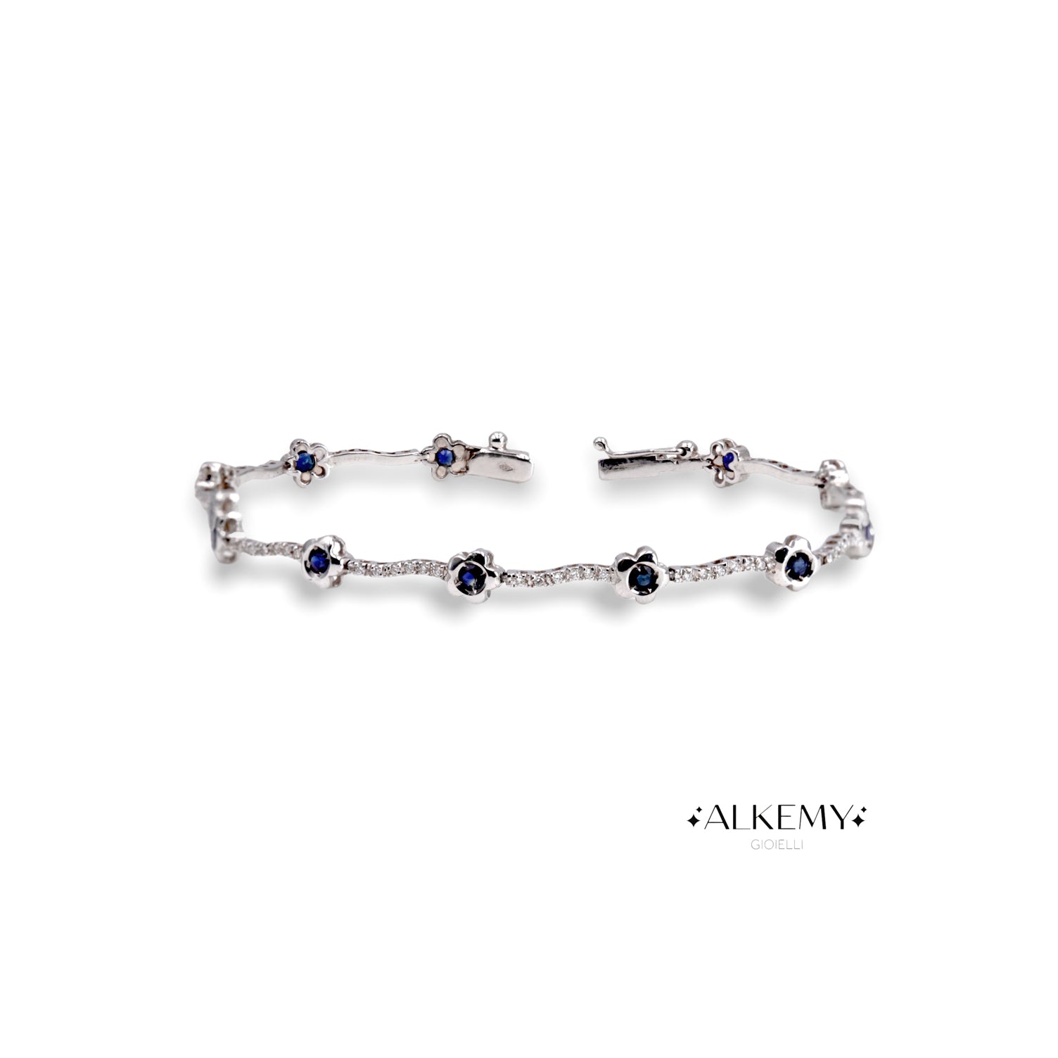 Bracciale Fiore in Oro Bianco 18K con Diamanti e Zaffiri Naturali