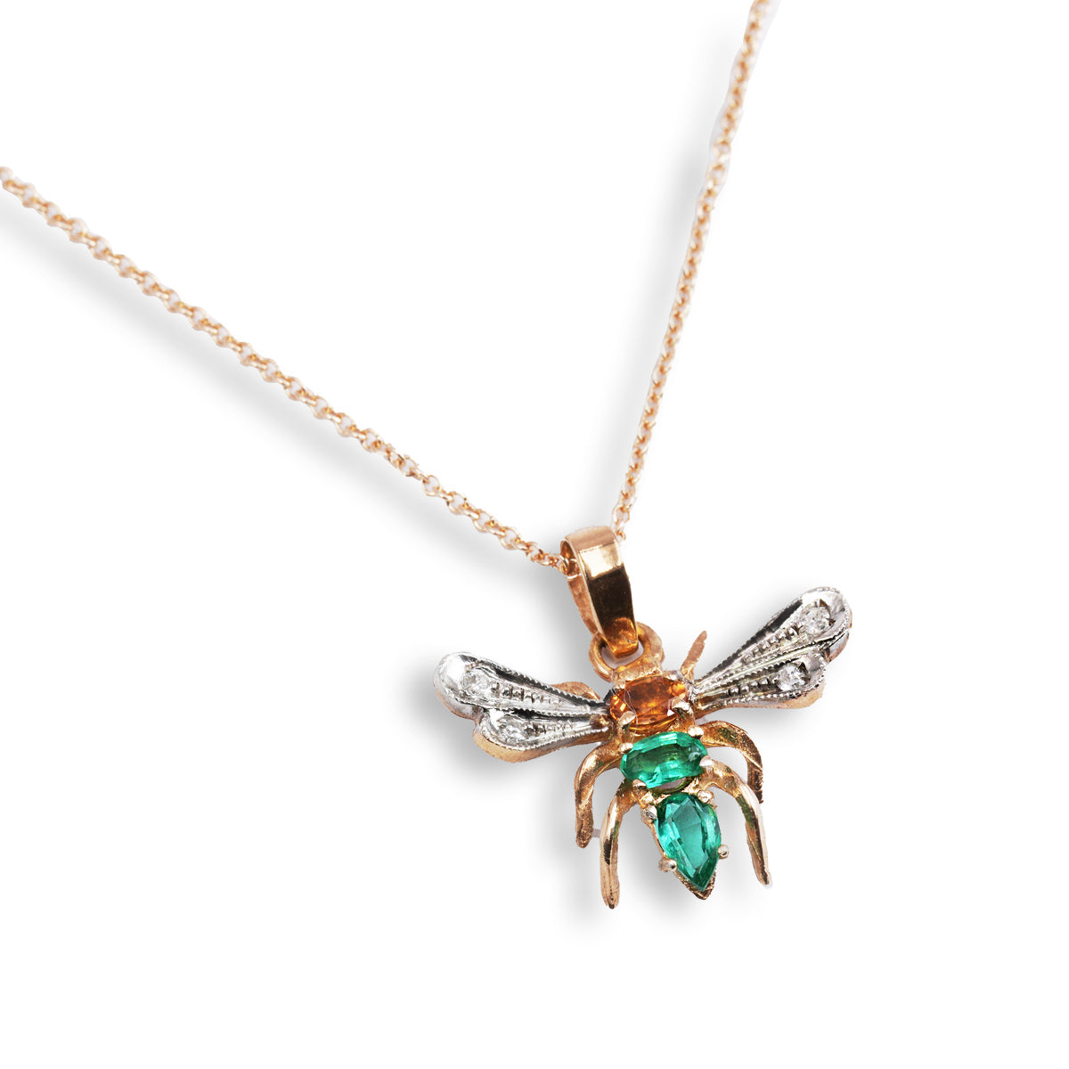 Collana con Ciondolo Libellula in Oro Rosa 9K e Argento con Zaffiri Naturali e Diamanti e Smeraldi Lab