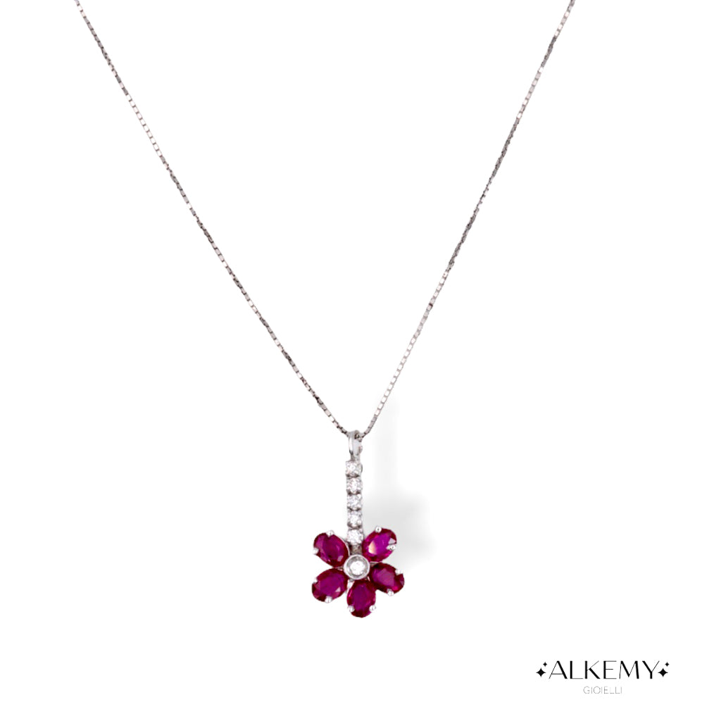 Collana Fiore in Oro Bianco 18K con Rubini e Diamanti Naturali