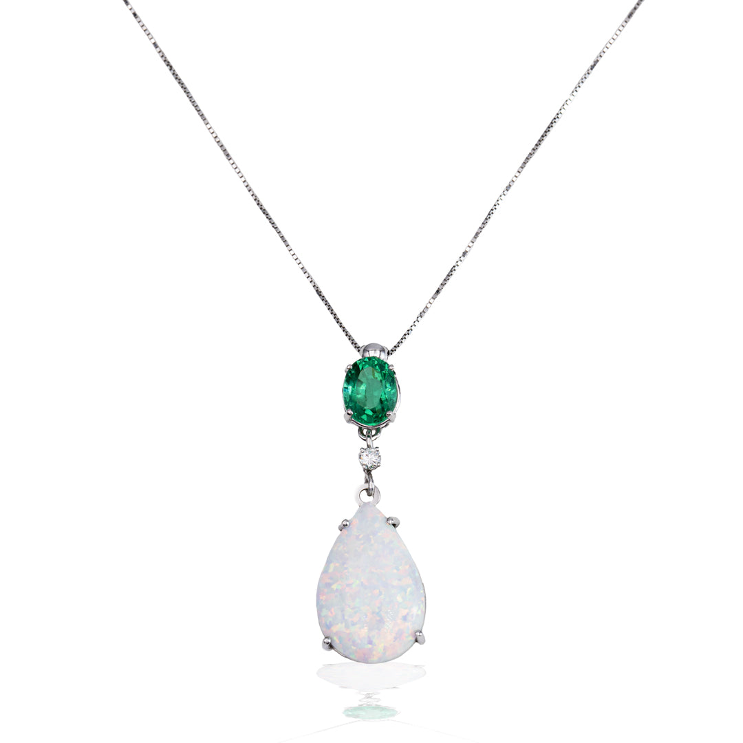 Collana " Bagliori" Oro Bianco 18K con goccia Opale Smeraldo e Diamante