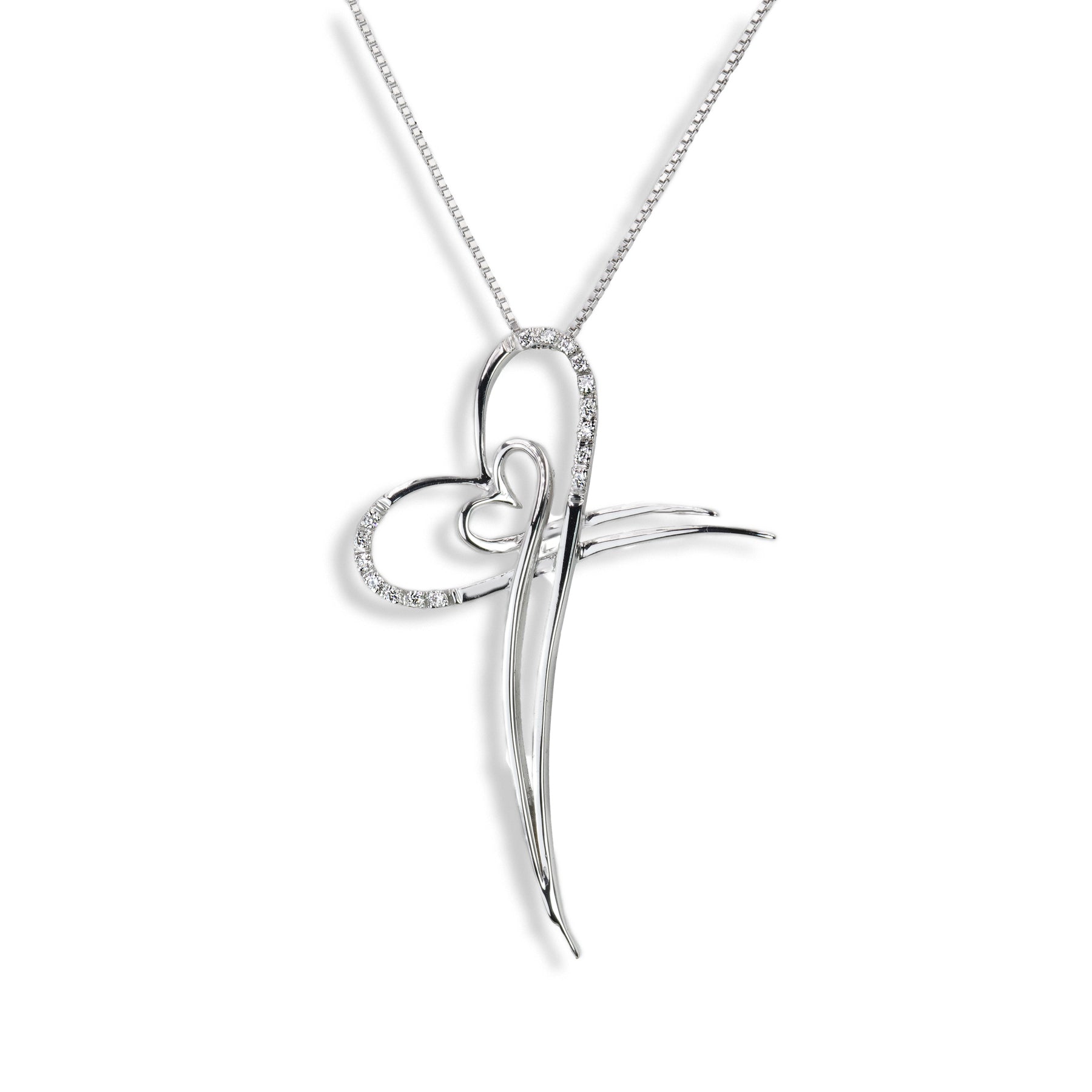 Collana con Croce e Cuore in Oro Bianco 18K e Diamanti Naturali