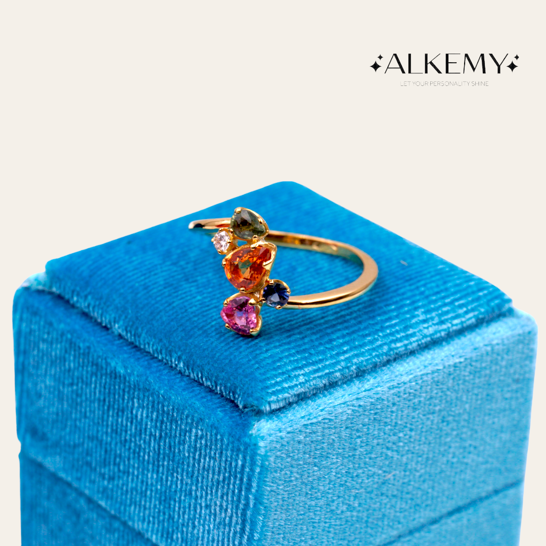 Anello “Bouquet  Orchidea "in Oro Giallo 18k con Zaffiri Naturali e Diamante