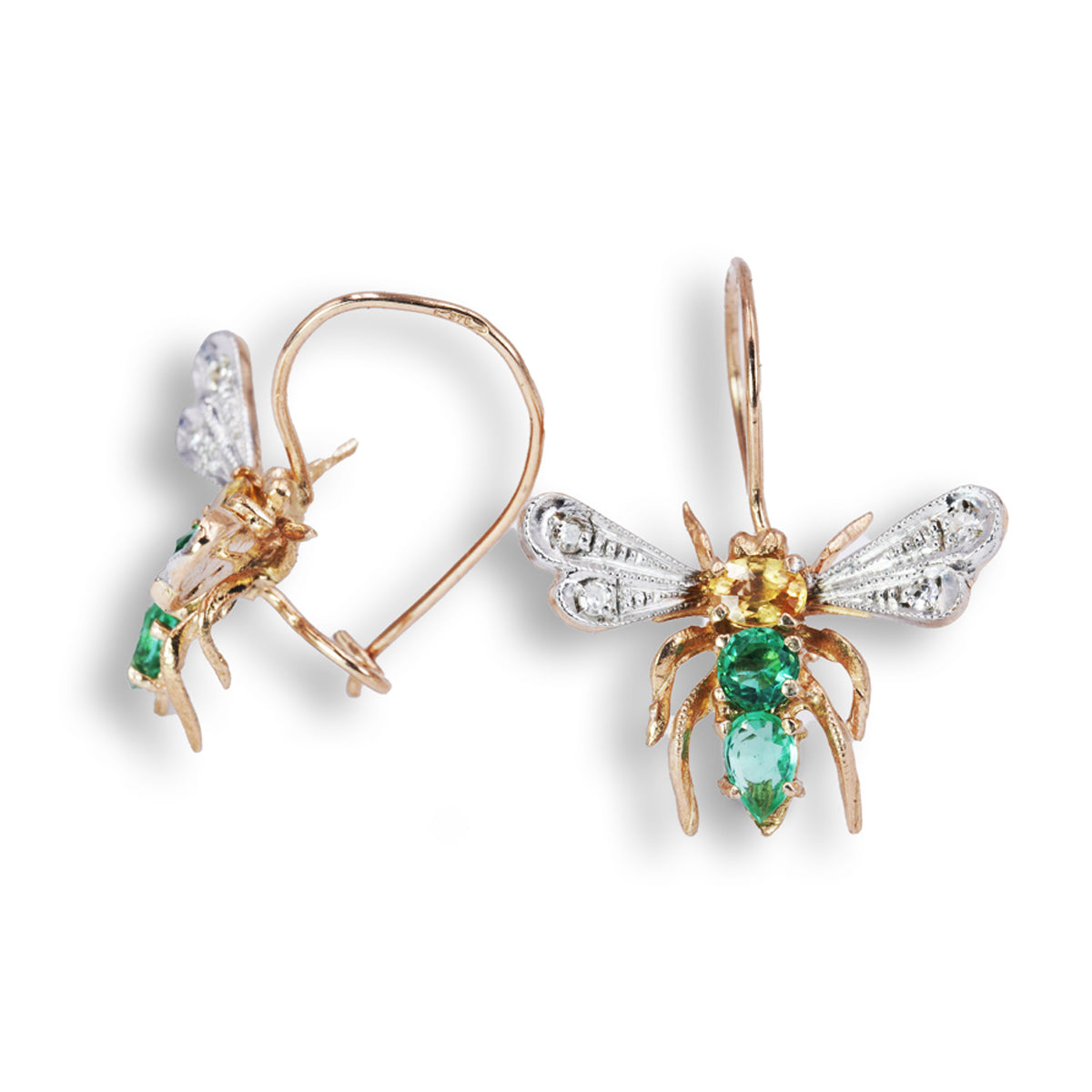 Orecchini Libellula in Oro e Argento con Diamanti Naturali e Smeraldi Lab