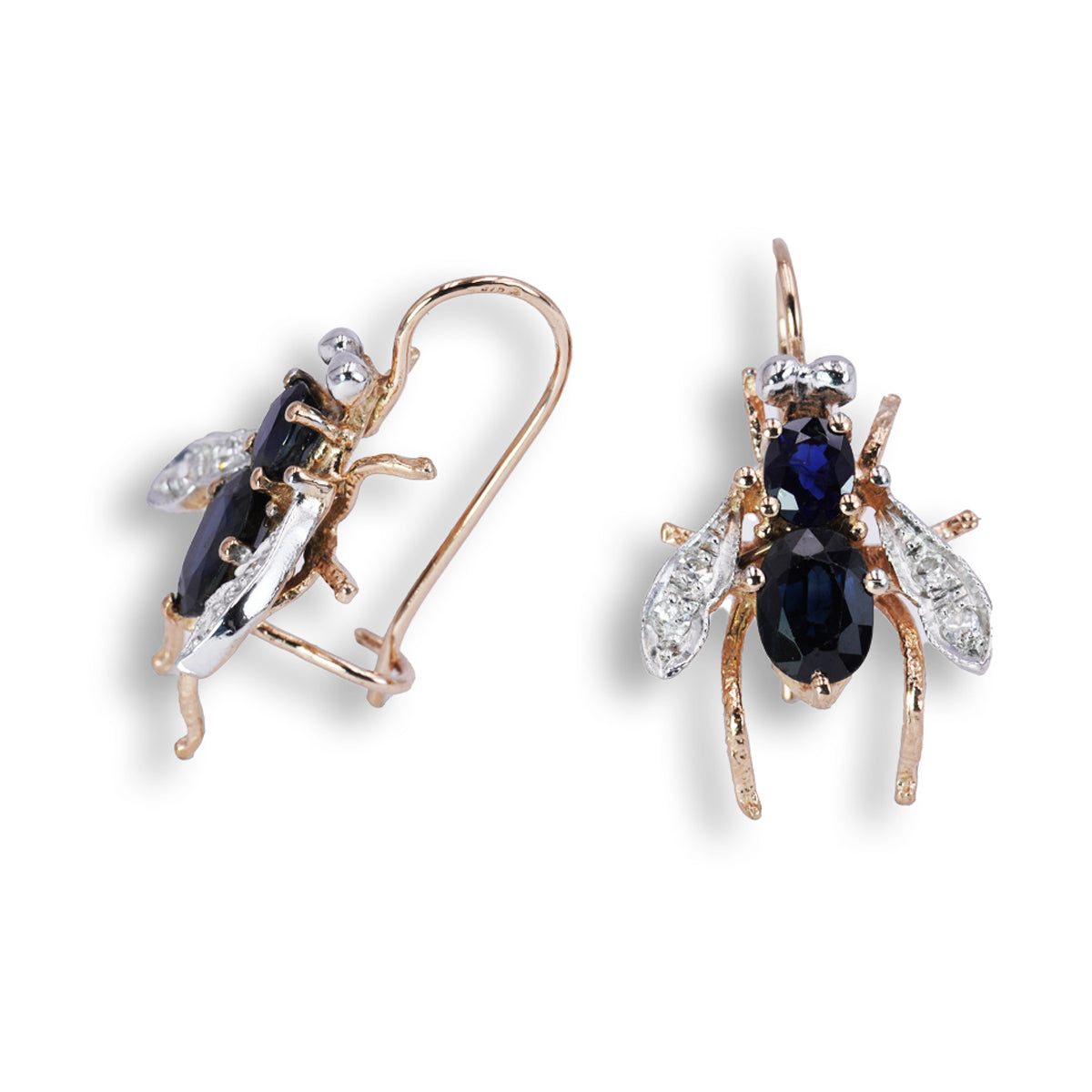 Orecchini " Mosca Pendenti " in Oro Rosa 9K e Argento con Zaffiri Naturali e Diamanti