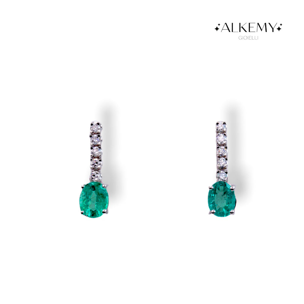 Orecchini Pendenti in Oro Bianco 18K con Smeraldi Naturali e Diamanti