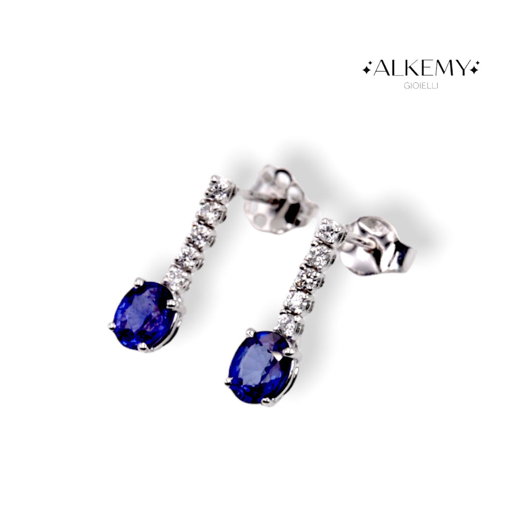 Orecchini Pendenti in Oro Bianco 18K con Zaffiri Naturali e Diamanti