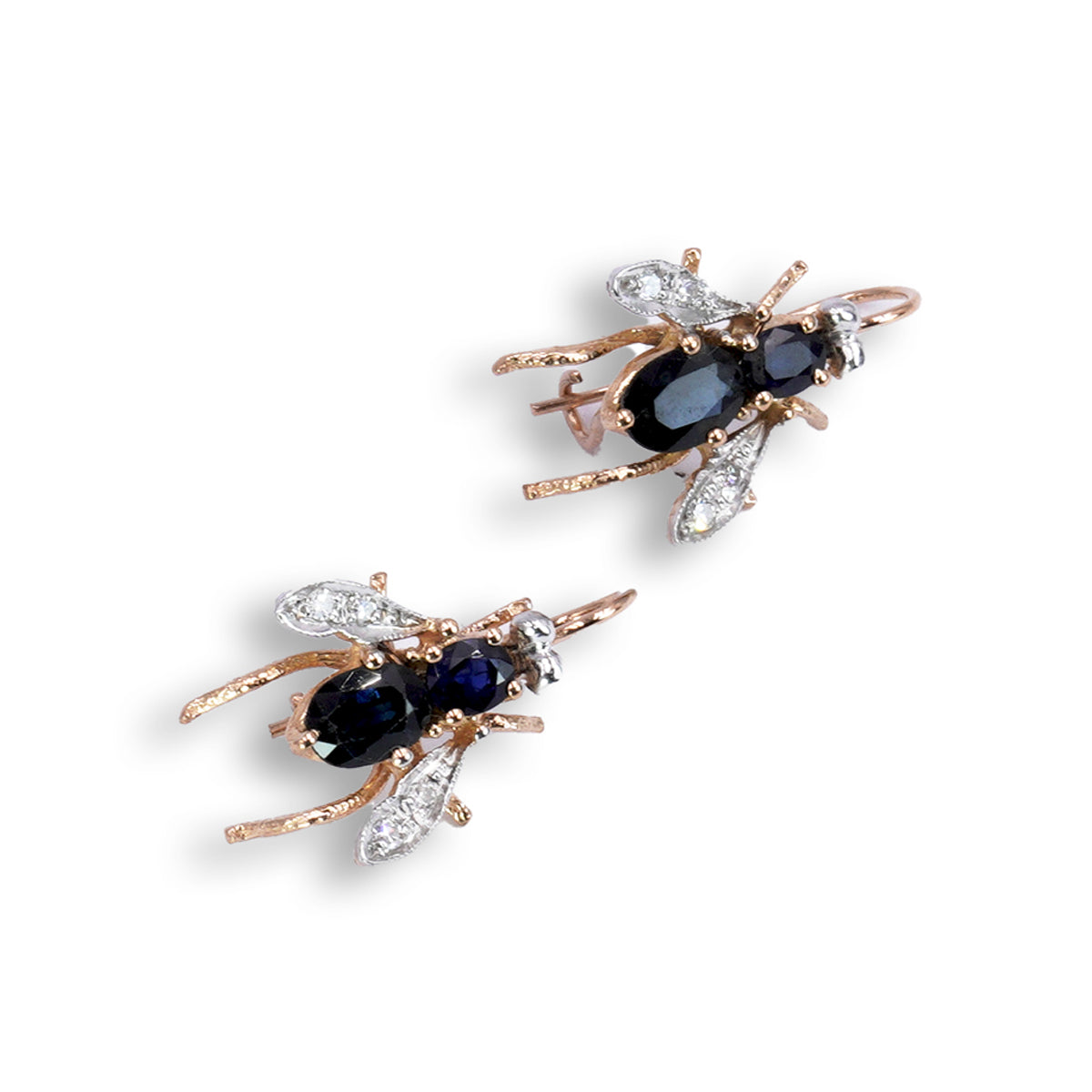 Orecchini " Mosca Pendenti " in Oro Rosa 9K e Argento con Zaffiri Naturali e Diamanti