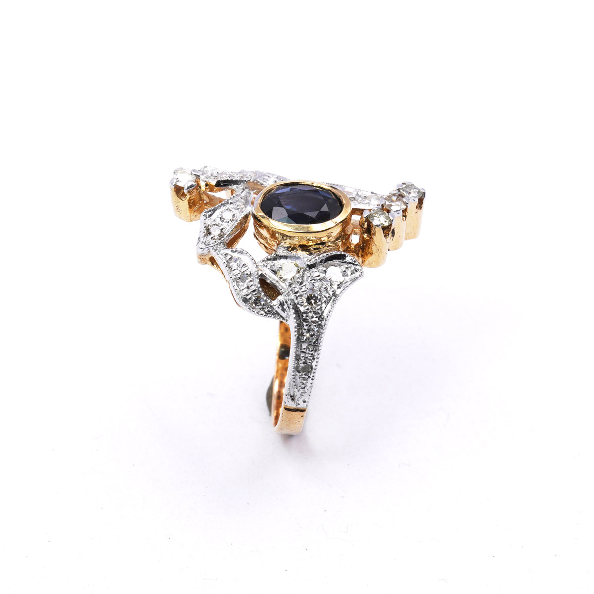 Anello in Oro Rosa e Argento con Zaffiro Naturale e Diamanti