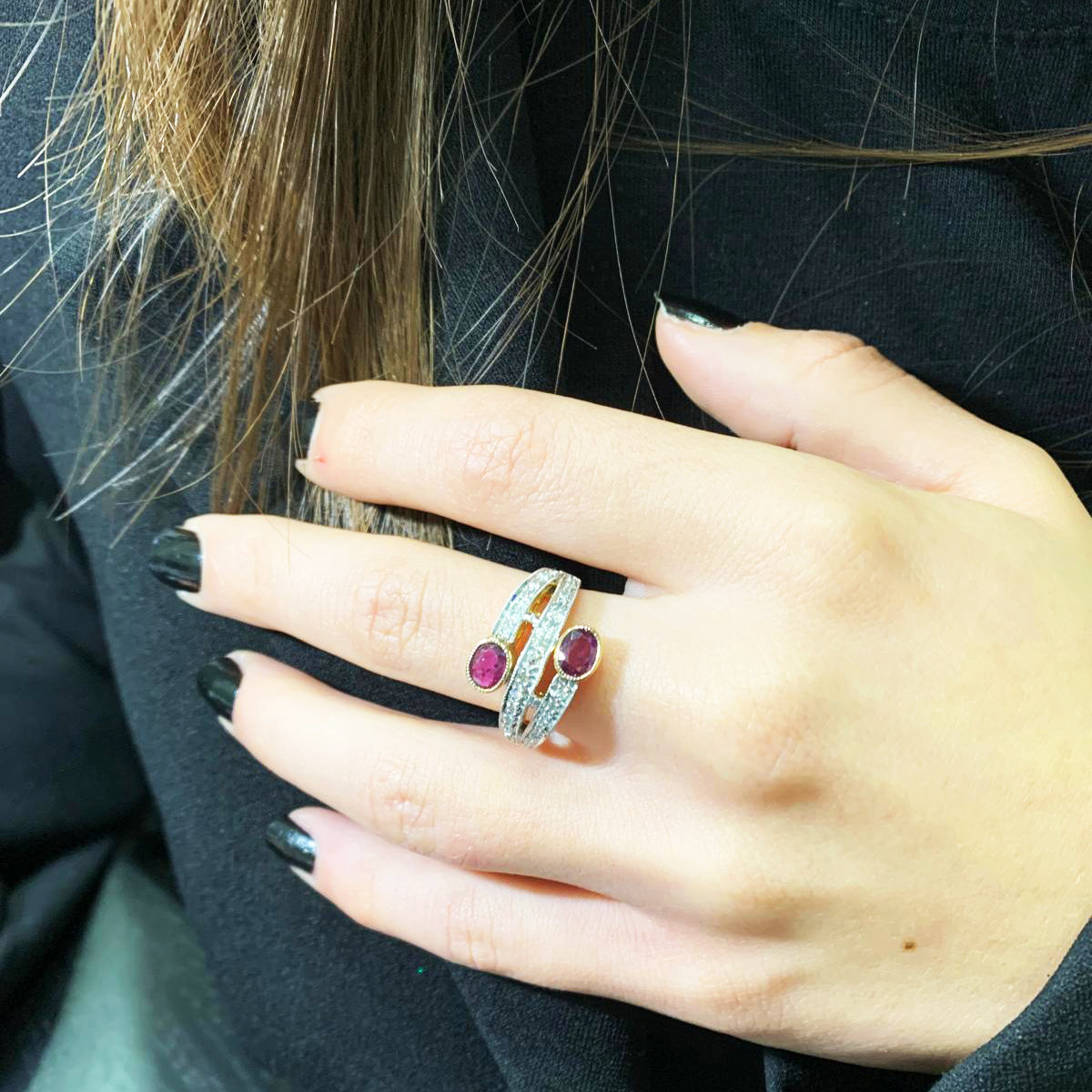 Anello Oro rosa e Argento con Diamanti e Rubini Naturali