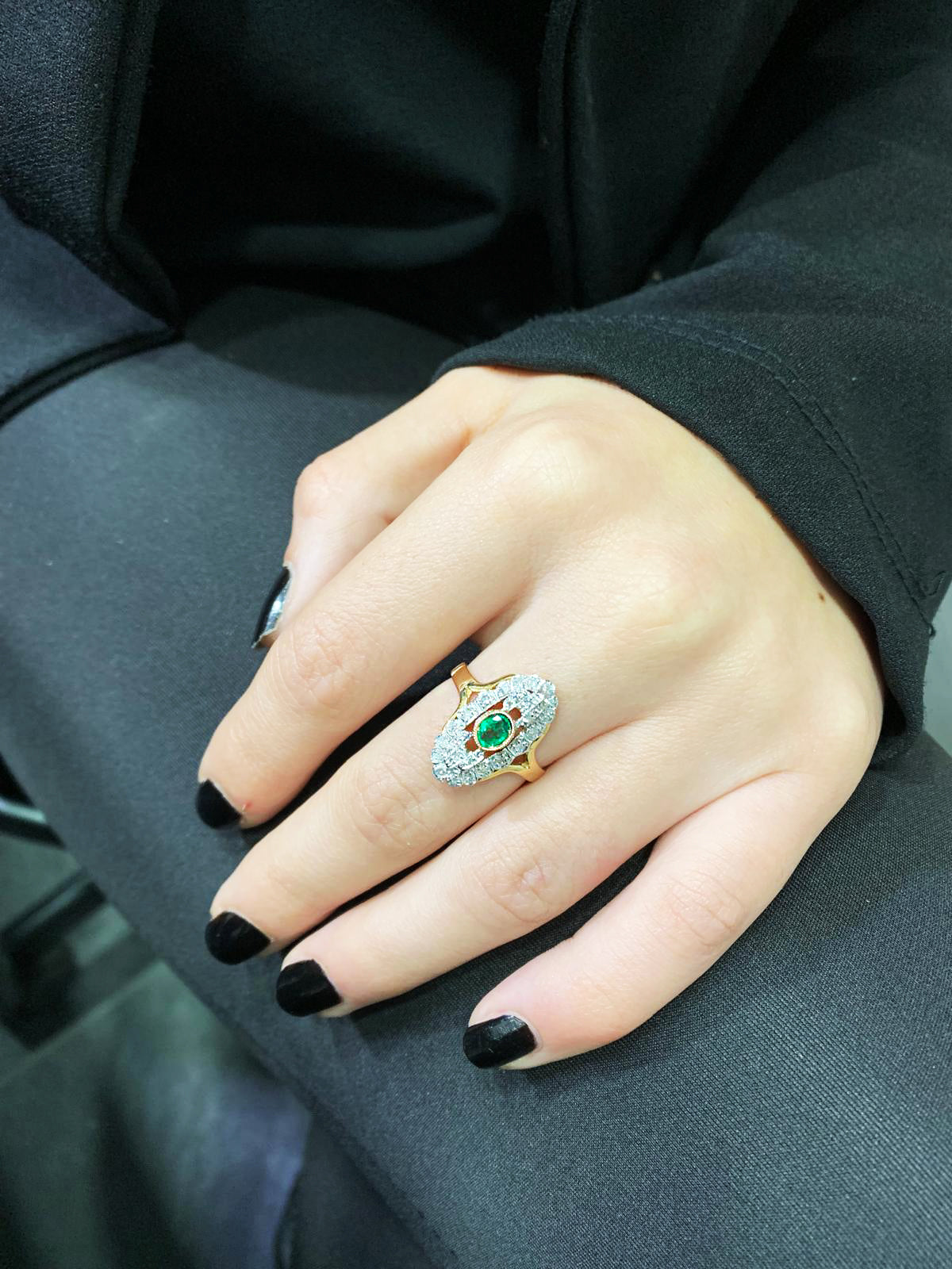 Anello artigianale in Oro 9K e Argento con Smeraldi Lab e Diamanti naturali