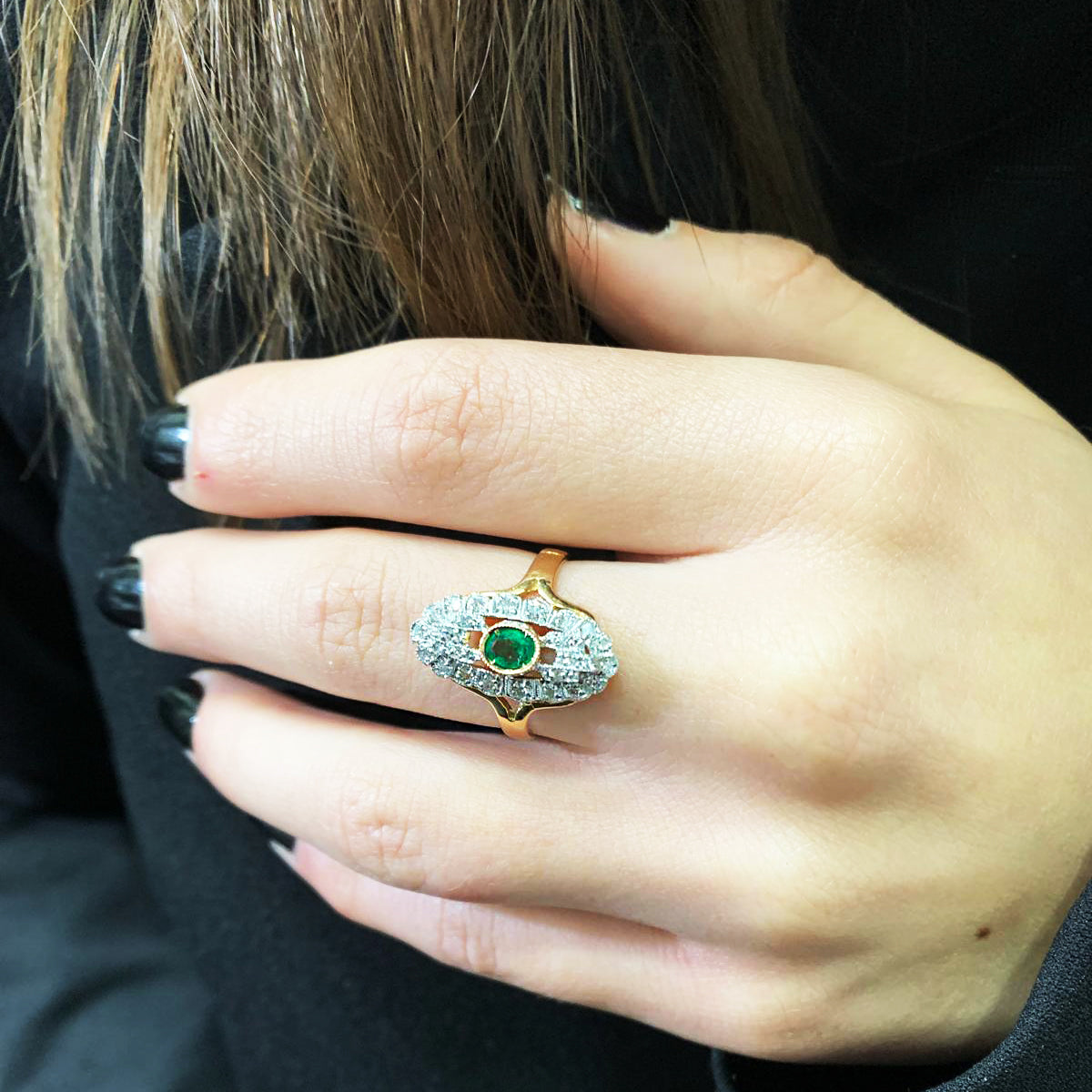 Anello artigianale in Oro 9K e Argento con Smeraldi Lab e Diamanti naturali