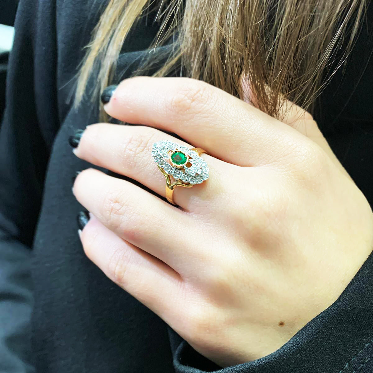 Anello artigianale in Oro 9K e Argento con Smeraldi Lab e Diamanti naturali