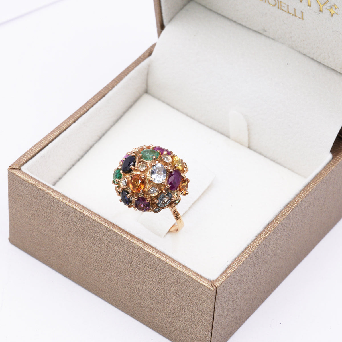 Anello Sfera in Oro Rosa e Argento con Zaffiri, Rubini, Smeraldi e Diamanti