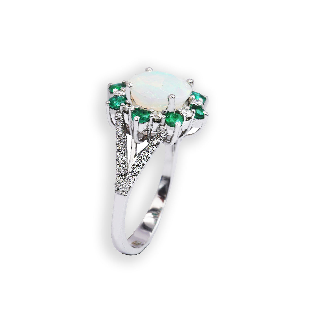 Anello in Oro Bianco 18K con Opale Naturale, Diamanti e Smeraldi