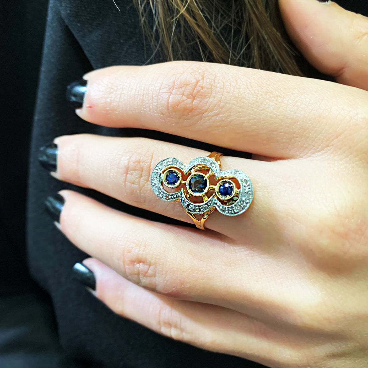 Anello Spoletta in Oro Rosa e Argento con Zaffiri Naturali e Diamanti