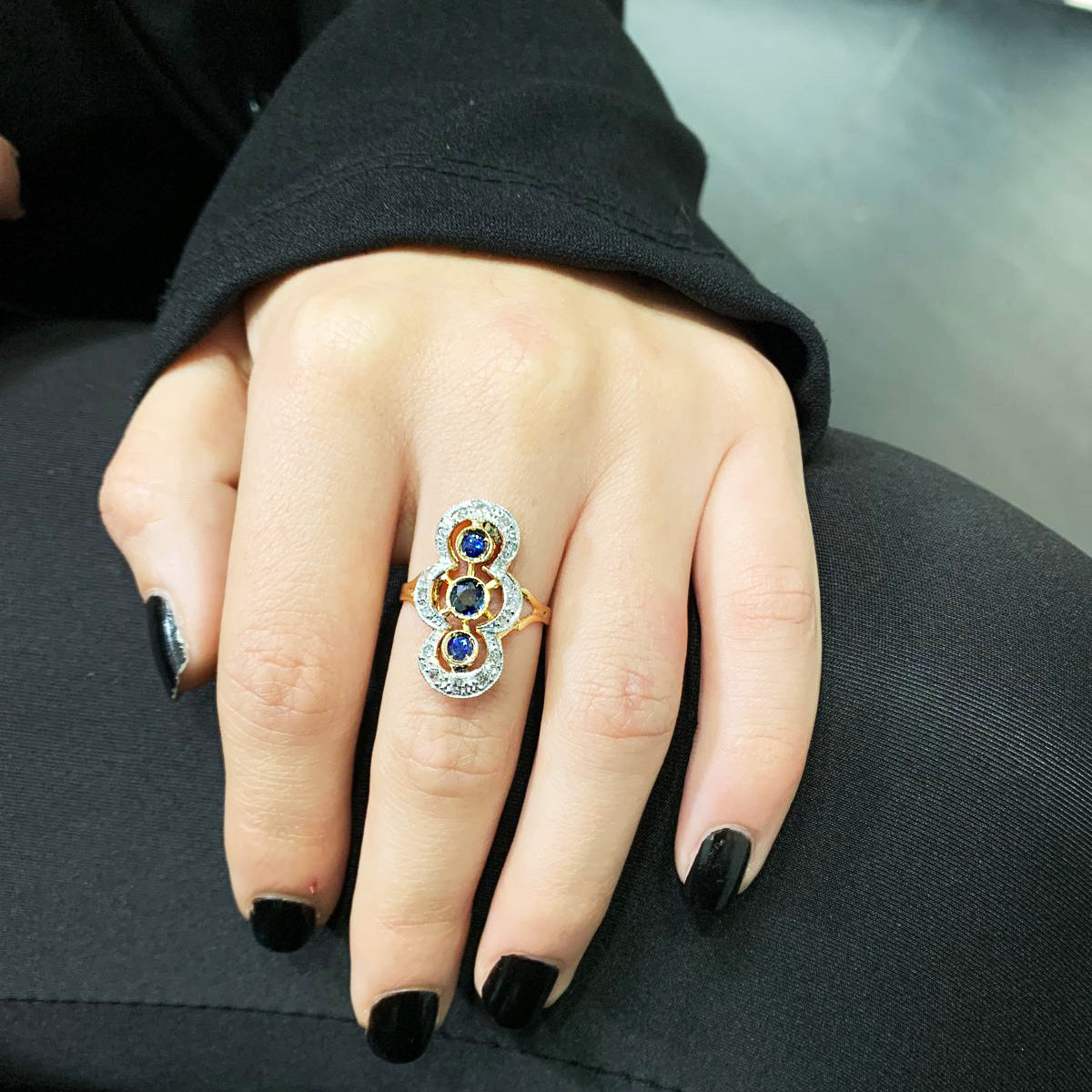 Anello Spoletta in Oro Rosa e Argento con Zaffiri Naturali e Diamanti