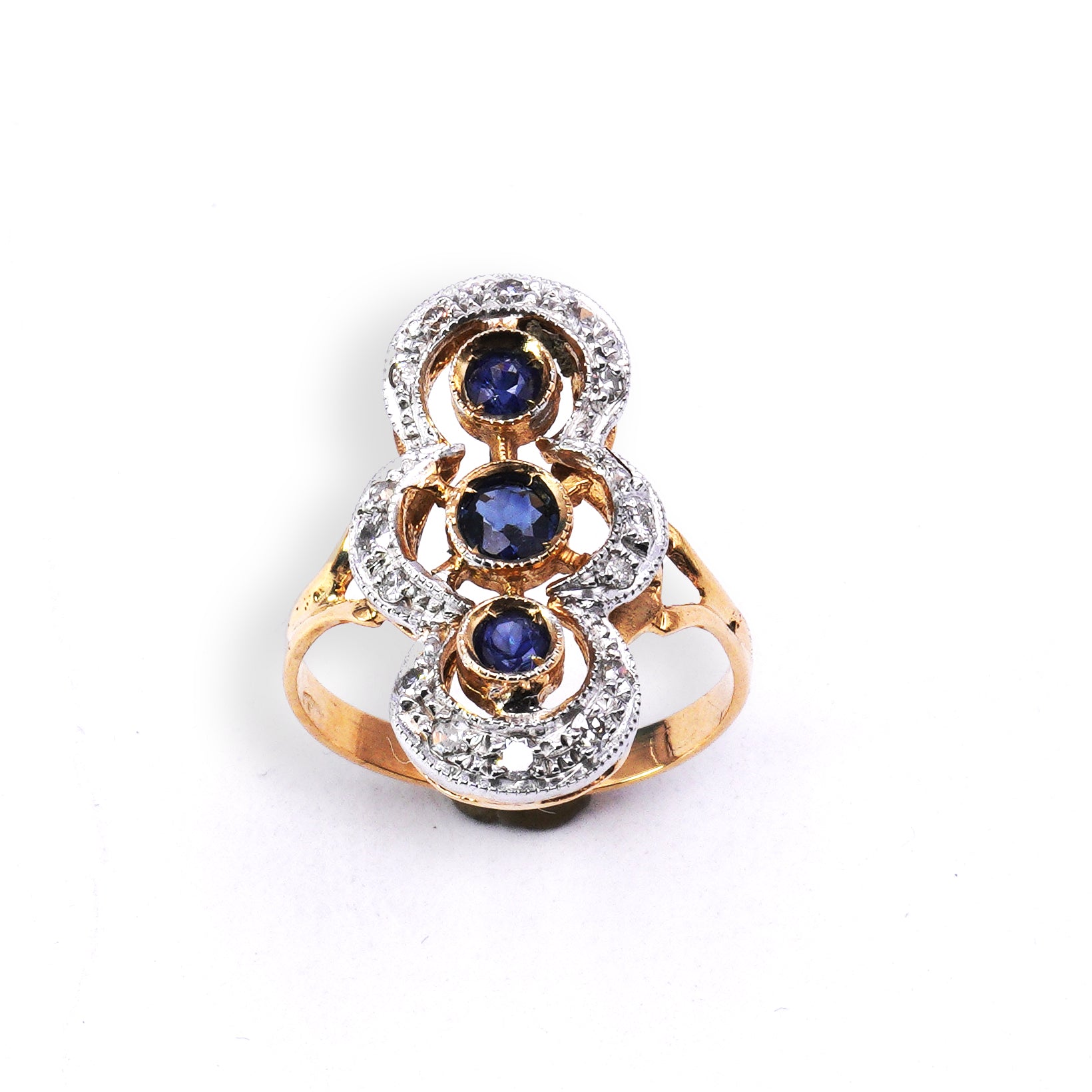 Anello Spoletta in Oro Rosa e Argento con Zaffiri Naturali e Diamanti