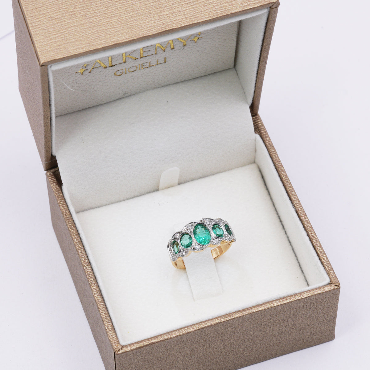 Anello Oro rosa e Argento con Smeraldi Lab e Diamanti naturali