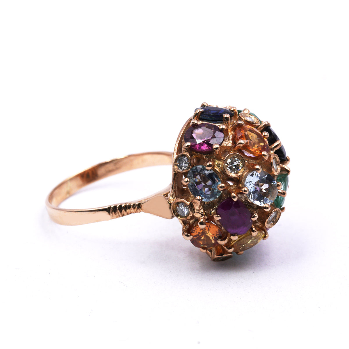 Anello Sfera in Oro Rosa e Argento con Zaffiri, Rubini, Smeraldi e Diamanti