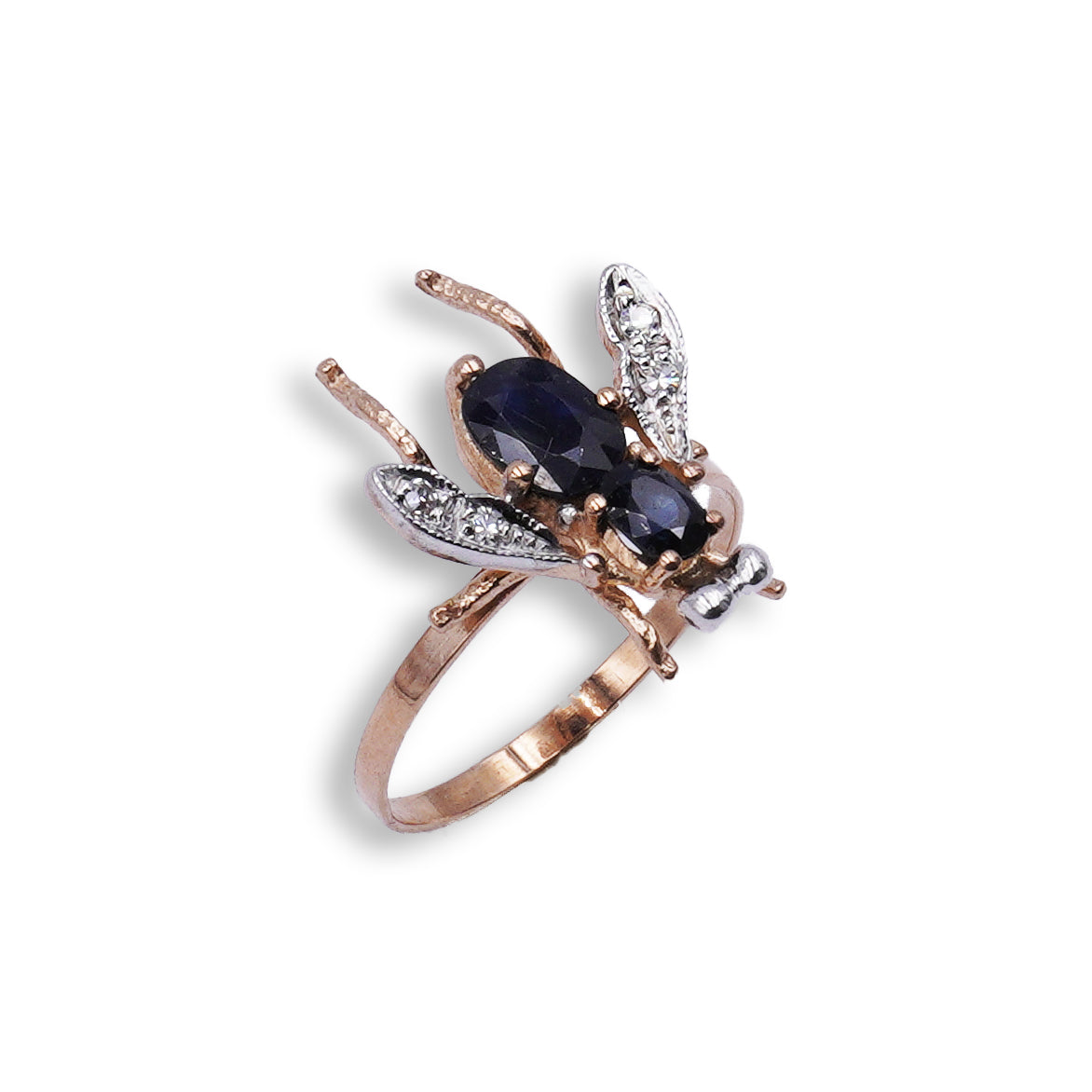 Anello " Mosca "in Oro Rosa 9K e Argento con Zaffiri Naturali e Diamanti