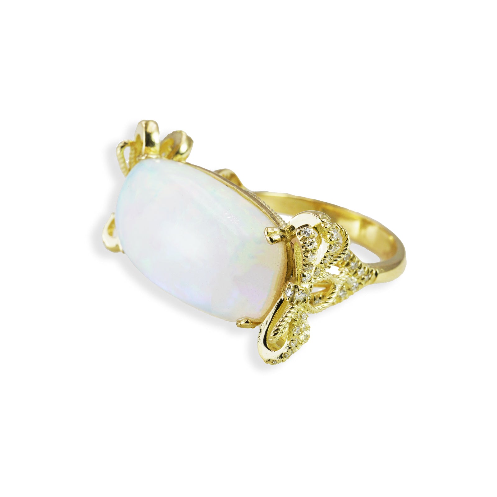 Anello in Oro Giallo 18K con OPALE Cabochon Naturale e Diamanti – Design Fiocco